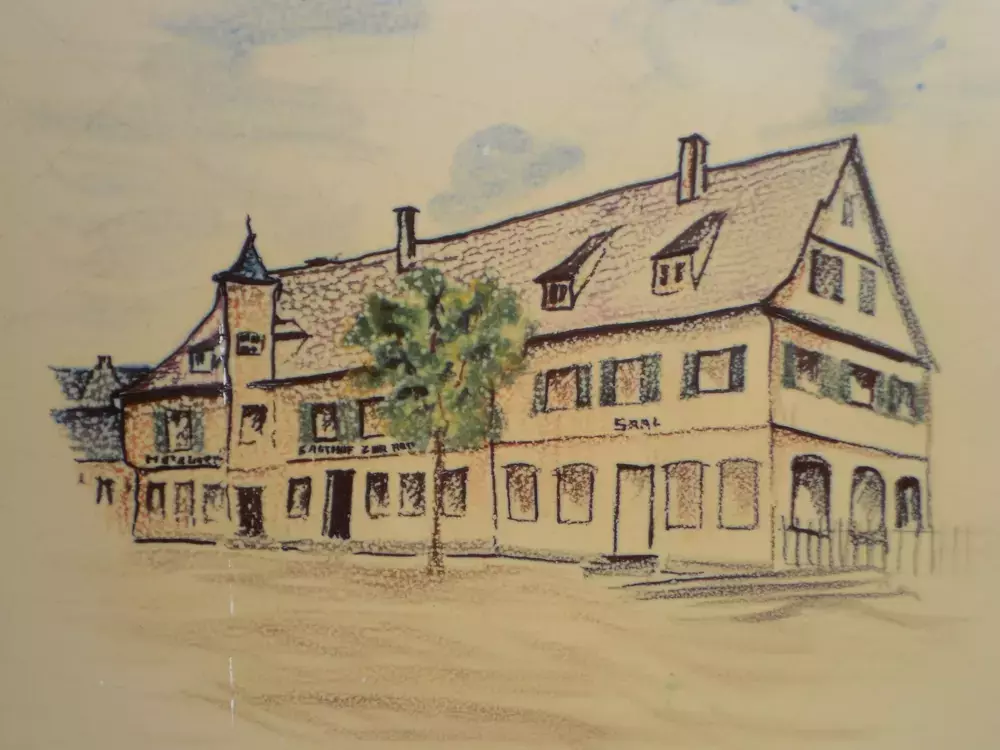 Zeichnung Metzgerei Landgasthof Rose Sachsenheim bei Stuttgart Zeichnung Metzgerei Landgasthof Rose Sachsenheim bei Stuttgart